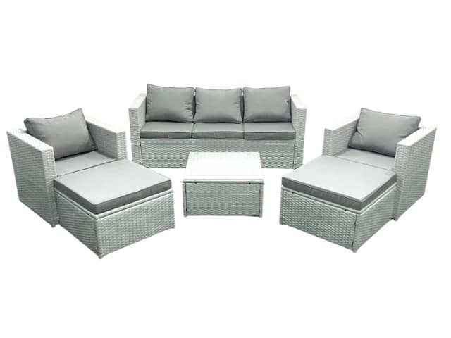 Fimous 7 Seater Rattan Garden Furniture Set with 3 Seater Sofa 2 Chair Square Coffee Table 2 Big Footstools Light Grey Mixed Light Grey