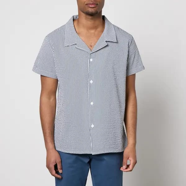 BOSS Bodywear Beach Striped Seersucker Shirt - M Blue Shirts male 50508938-413 M