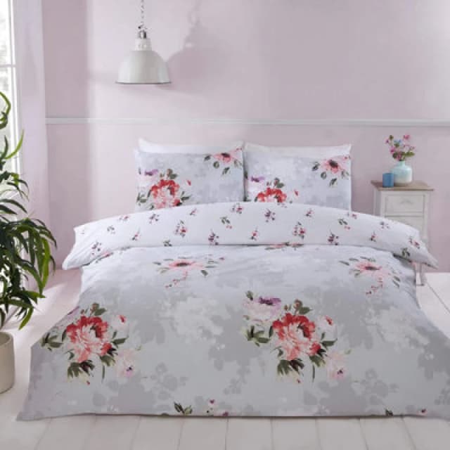 Rapport Margot Flowers Reversible Duvet Cover Set Floral Grey Bedding Easy Care Microfibre Polyester