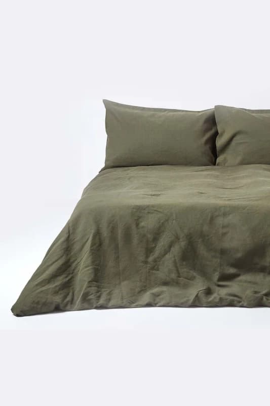 Homescapes Khaki Green European Linen Duvet Cover Set, 150 X 200 Cm
