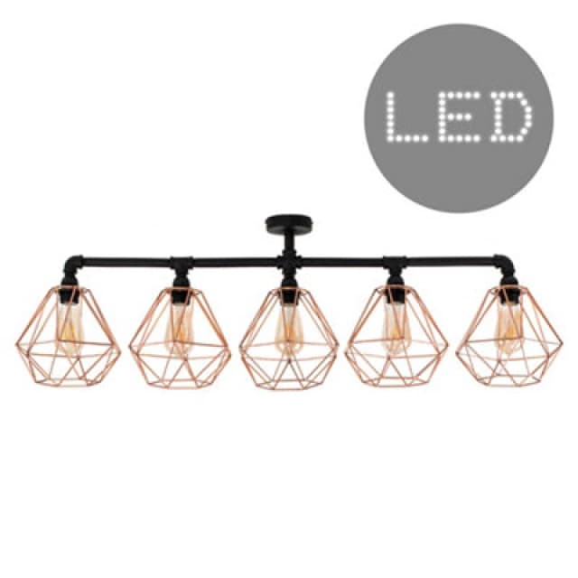 ValueLights 5 Way Satin Black Pipework Bar Ceiling Light with Copper Basket Cage Shades - With LED Filament Bulbs In Warm White Black