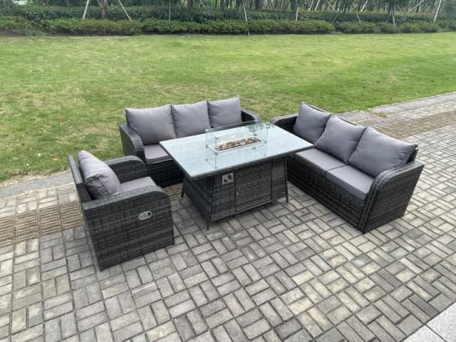 Fimous Rattan Outdoor Furniture Gas Fire Pit Rectangle Dining Table Gas Heater Reclining Chair 3 Seater Sofa Sets 7 Seater Dark Grey
