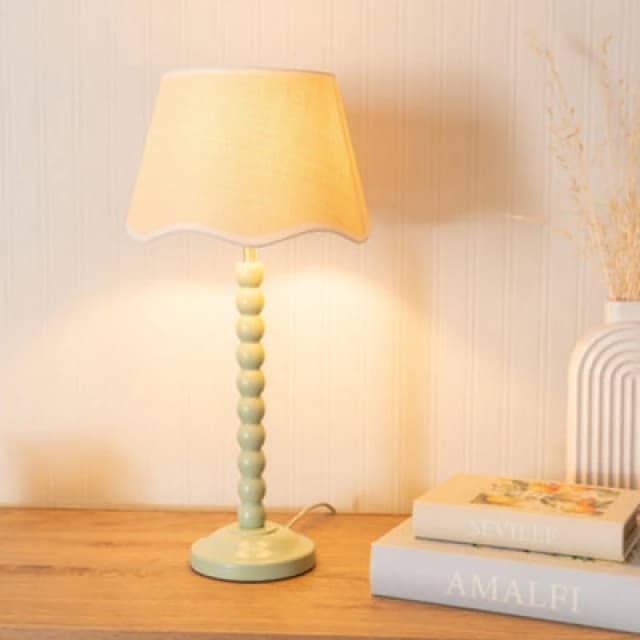 ValueLights Bobbins Sage Green Table Lamp with Linen Scallop White Trim Shade Pale Green