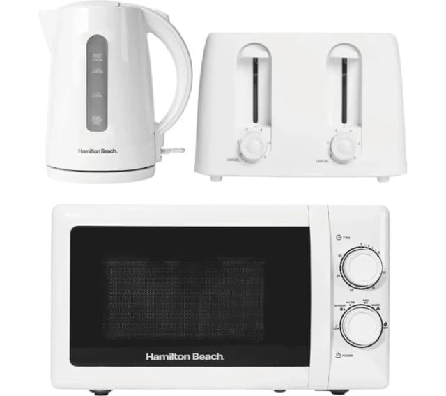 HAMILTON BEACH Essentials Jug Kettle, 4-Slice Toaster & Solo Microwave Bundle - White 5060916373228