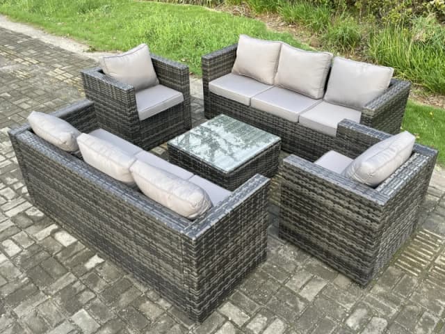 Fimous Rattan Garden Furniture Set 8 Seater Patio Outdoor Lounge Sofa Set with 2 Armchairs Square Coffee Table Dark Grey Mixed Dark Grey