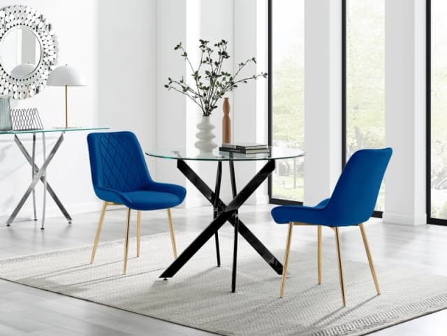 FurnitureboxUK FurnitureboxUK Novara 100cm Round Black Leg Dining Table & 2 Pesaro Gold Leg Chairs in Navy Navy One Size Unisex 5056784304396