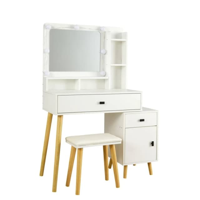 Home Source Dressing Table Vanity Makeup Desk Lighting Mirror Cushioned Stool in White White Unisex