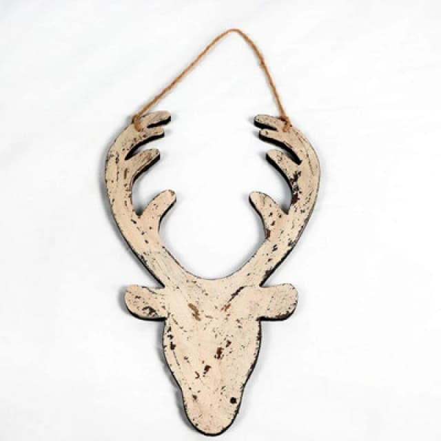 Shatchi Cream Christmas Wooden Hanging Deer Head Wall Decoration Xmas Home Office Holiday Decorative Centrepiece 26cm Cream