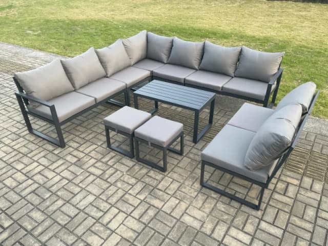 Fimous Aluminium 11 Seater Patio Outdoor Garden Furniture Lounge Corner Sofa Set with Oblong Coffee Table with 2 Small Footstools Dark Grey Dark Grey