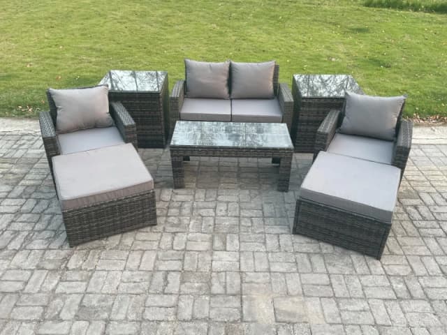 Fimous Outdoor Lounge Sofa Set Wicker PE Rattan Garden Furniture Set with Rectangular Coffee Table Armchair in Dark Grey Dark Grey Unisex
