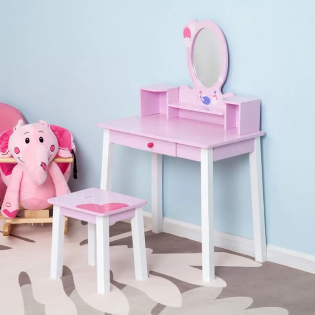 HOMCOM Kids Wooden Dressing Table with Stool Mirror Table and Desk Set Toys Pink Pink