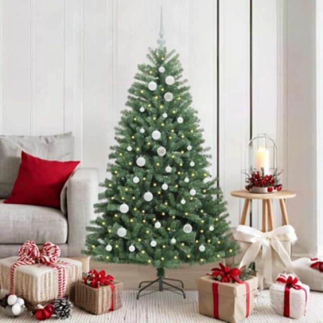 vidaXL Artificial Hinged Christmas Tree with White Balls Green 150cm PVC and Metal, Green 3395481
