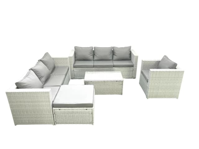 Fimous Wicker PE Rattan Sofa Garden Furniture Set with Armchair Oblong Coffee Table Big Footstool Light Grey Mixed Light Grey