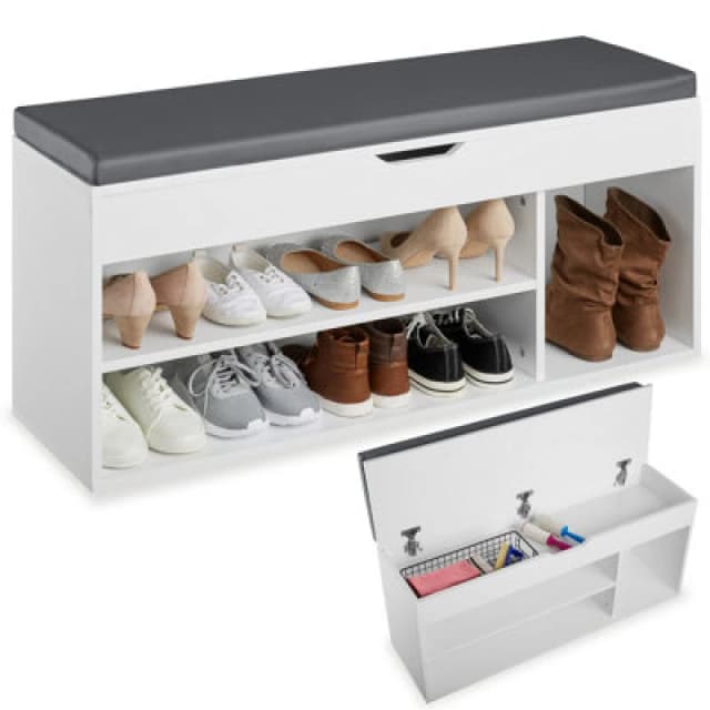 Tectake Shoe Rack Natalya - 4 Storage Spaces, Bench Seat Cushion, For 9 Pairs Of Shoes - 104cm - White