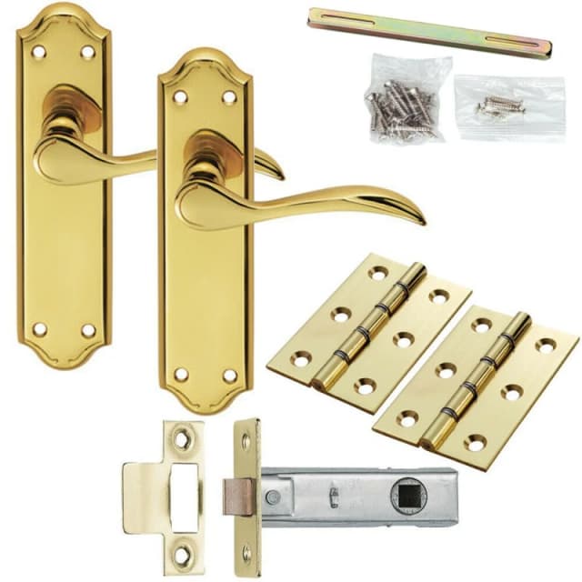 Loops Door Handle & Latch Pack Brass Modern Scroll Curved Lever Ornate Backplate Metallics