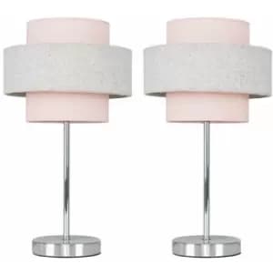 2 x Chrome Touch Table Lamps - Pink & Grey Herringbone - No Bulb