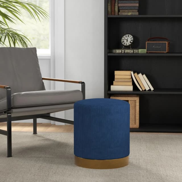 HOMCOM Modern Round Footstool - Fabric Upholstered Foot Rest - Light Brown - Blue TJ Hughes 5056725558499