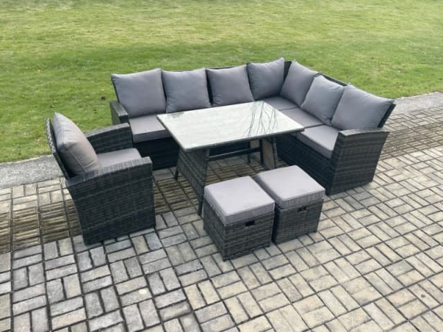 Fimous Outdoor Furniture Garden Dining Set Rattan Corner Sofa Chair Set Rectangular Dining Table with Temper Glass Footstools in Dark Grey Dark Grey U