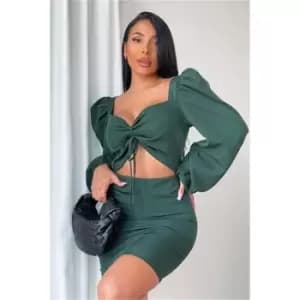 I Saw It First Emerald Green Woven Cut Out Tie Front Puff Sleeve Bodycon Dress - Green