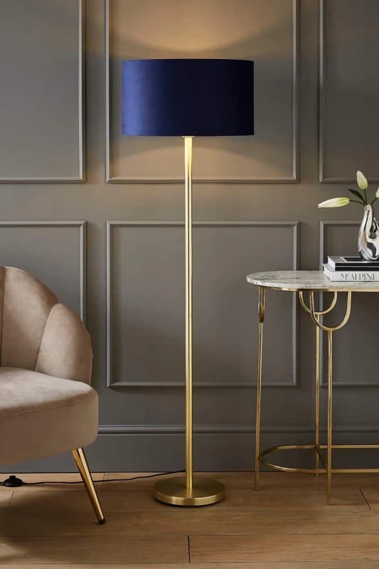 ValueLights ValueLights Charlie Gold Stem Floor Lamp with Velvet Drum with Gold Inner Lamp Shade in Dark Navy Dark Navy One Size Unisex 5059406060533
