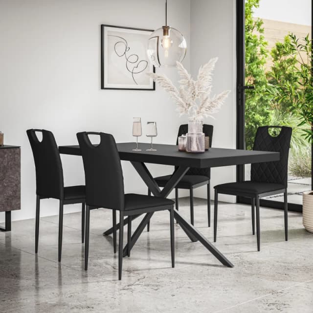 More4Homes Donni Dining Table And Chairs - Black Table Top W Black Legs + Monza Faux Leather Dining Chair Set Of 6 (Black)