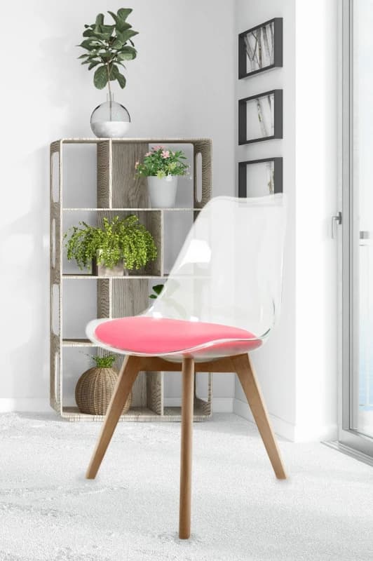 Fusion Living Soho Clear Plastic Dining Chair with Squared Light Wood Legs in Bright Pink Bright Pink Unisex