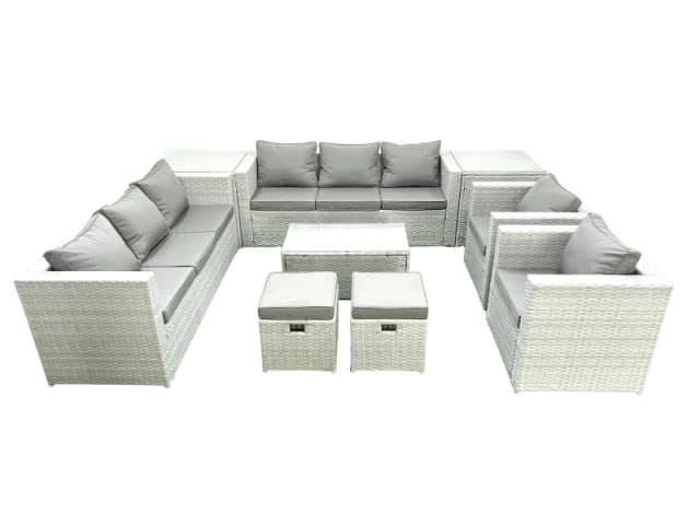 Fimous Outdoor Rattan Sofa Garden Furniture Set with 2 Armchairs Oblong Coffee Table 2 Small Footstools 2 Side Tables Light Grey Mixed Light Grey