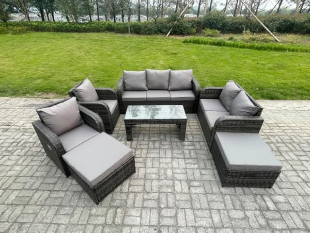 Fimous Rattan Wicker Garden Furniture Patio Conservatory Sofa Set with Rectangular Coffee Table Reclining Chair 2 Big Footstool 3 Seater Sofa Dark Gre