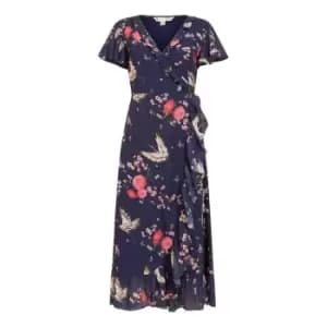 Yumi Navy Satin Crane Print Wrap Dress - Blue