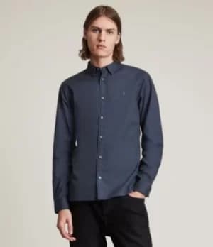AllSaints Mens Hawthorne Stretch Fit Shirt, Deep Space Blue, Size: XS