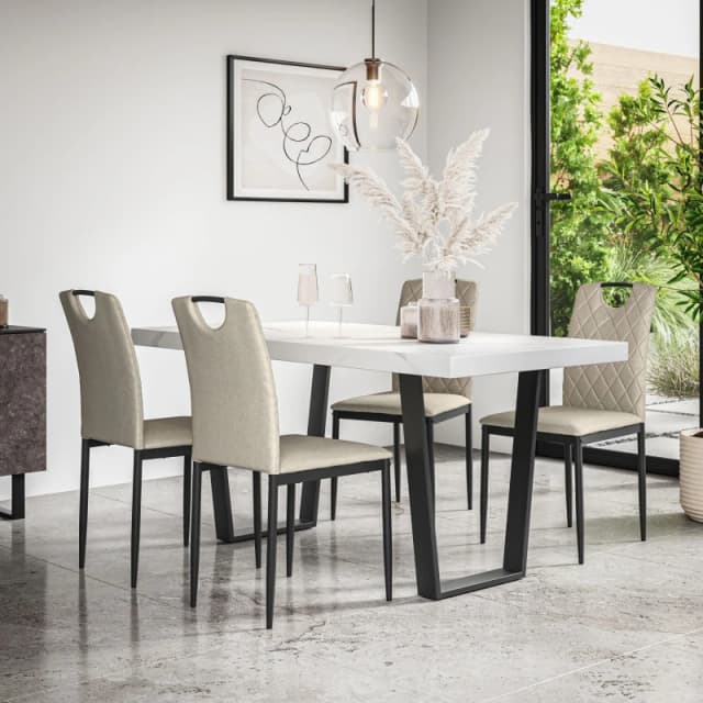 More4Homes Aria Dining Table And Chairs - White Marble Effect Table Top W Black Legs + Monza Linen Dining Chair Set Of 4 (Beige)