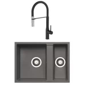 Enza 1.5 Bowl Grey Granite Kitchen Sink & Black Pull Out Kitchen Mixer Tap