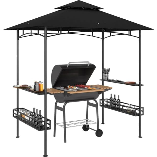 Outsunny 8' x 5' Grill Gazebo Canopy with 2 Side Shelves, Hook, Dark Grey Dark Grey