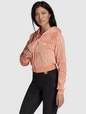 adidas Originals Relaxed Risque Velour Crop Full Zip Hoodie, Blush, Size 10, Women