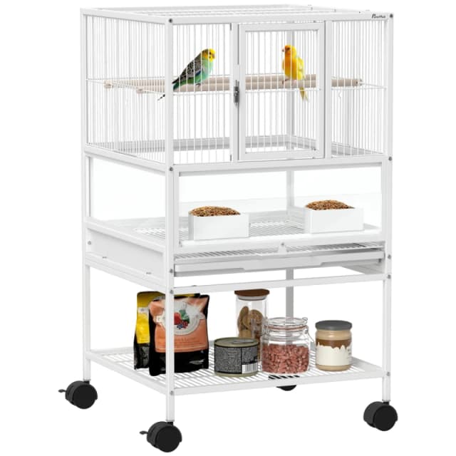 PawHut Bird Cage Parrot Cage with Rolling Stand Acrylic Viewing Panels White D10-107V00WT
