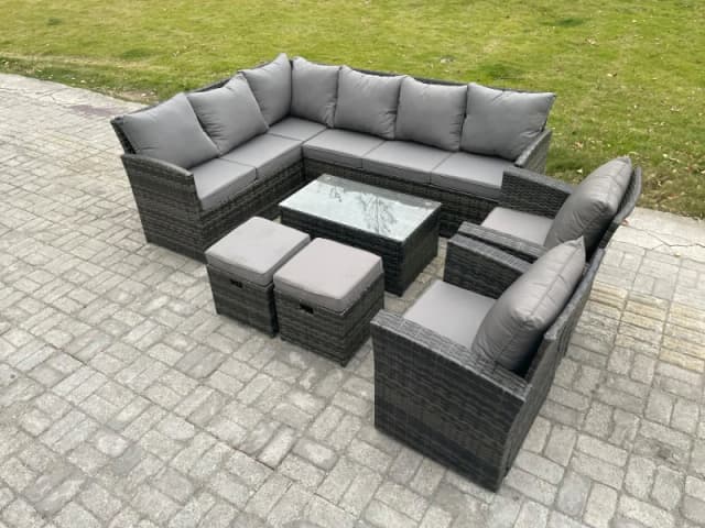 Fimous 10 Seater Rattan Lounge Corner Sofa Set Wicker PE Outdoor Garden Furniture Set with Coffee Table 2 Small Footstools in Dark Grey Dark Grey Unis