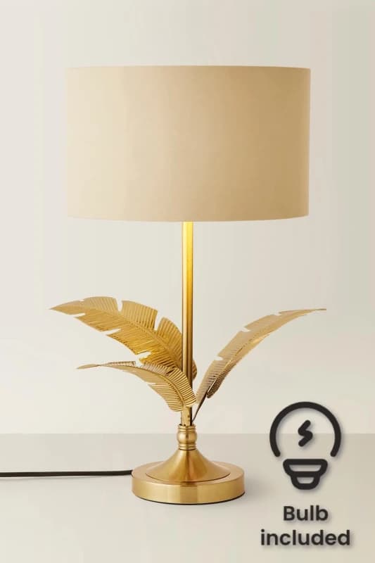 ValueLights ValueLights Christina Fabric with Gold Inner Drum Shade Gold Palm Leaf Table Lamp with Bulb in Natural Natural One Size Unisex 50594060673