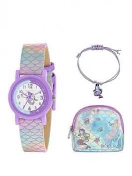 Tikkers Tikkers White And Purple Dial Iridescent Mermaid Strap Kids Watch With Matching Purse And Bracelet Gift Set