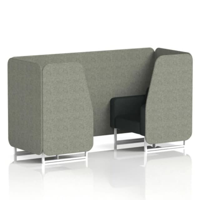 Brixworth 2 Seater Office Booth with Front Panel - White Legs in Rivet Fabric - Vitreous Panels and Charcoal Sofa