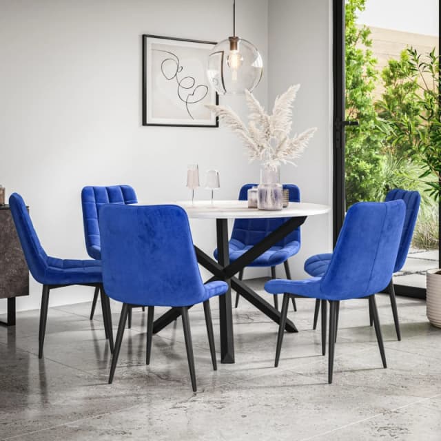 More4Homes Malvern Round Dining Table And Chairs - Marble Table Top W Solid Black Oak Legs + Nova Velvet Dining Chair Set Of 6 (Blue)