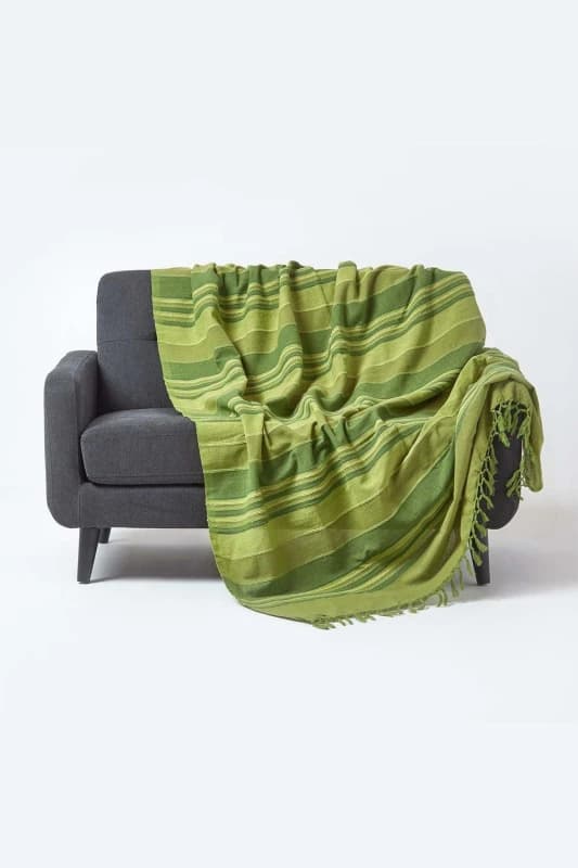 Homescapes Cotton Morocco Striped Green Throw, 255 X 360 Cm