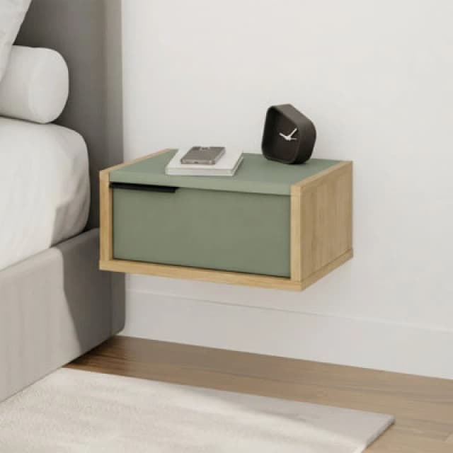 Decortie Eco Floating Bedside Table W/drawer Modern Nightstand Wall-Mounted Space Saver Metal Handle Bedroom Ash Green, Oak