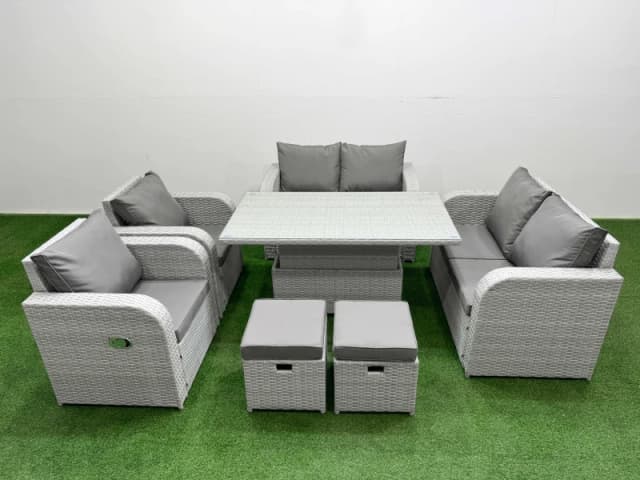 Fimous 8 Seater Outdoor Reclining Chair Love Sofa Set Rattan Garden Furniture Set with Adjustable Lifting Dining or Coffee Table 2 Stools Light Grey L