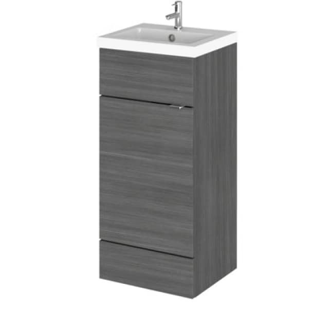 Hudson Reed Fusion Floor Standing 1 Door Vanity Unit & Polymarble Basin, Sink Vanity Unit, Anthracite Woodgrain, 400mm