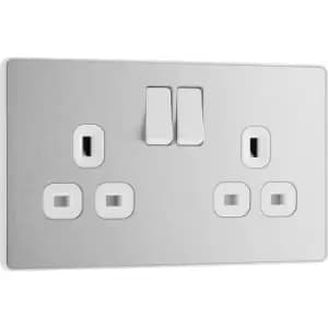BG Evolve Brushed Steel (White Ins) Double Switched 13A Power Socket in Silver
