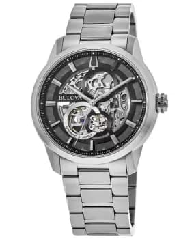 Bulova Sutton Black Skeleton Dial Steel Mens Watch 96A208 96A208