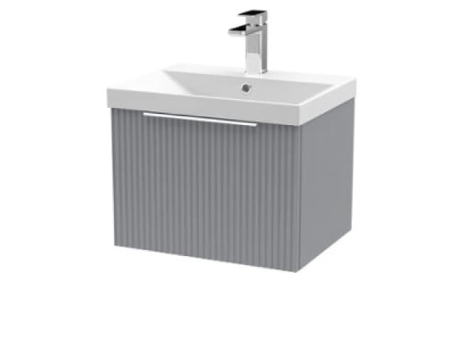 Hudson Reed Fluted Wall Hung 1-Drawer Vanity And Thin-Edge Basin, Contemporary Sink Vanity Unit, Satin Grey