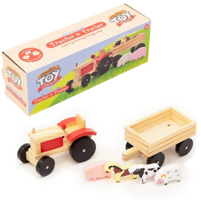 KandyToys Wooden Tractor & Trailor Farm Set Light Brown