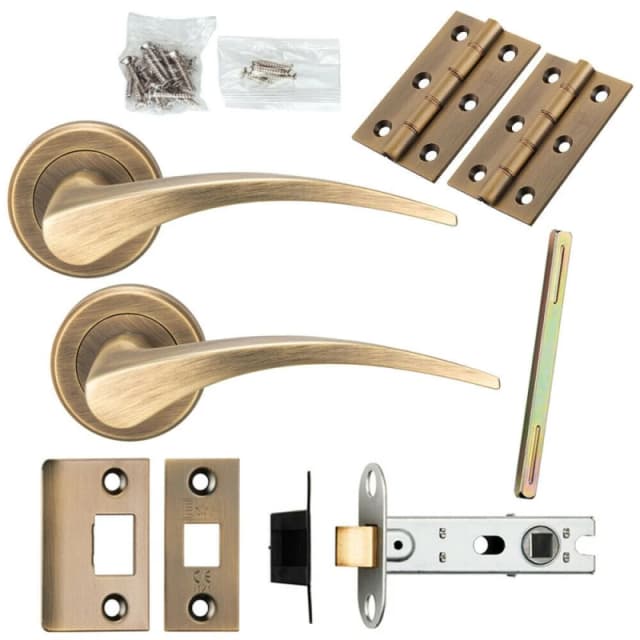 Loops Door Handle & Latch Pack Antique Brass Slim Arched Lever Screwless Round Rose Metallics