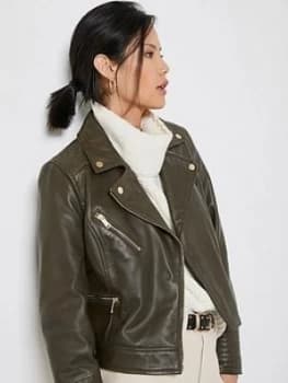 Mint Velvet Khaki Leather Biker Jacket